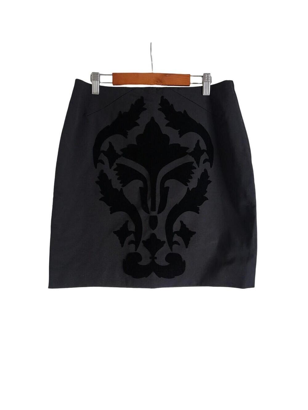 H&M Black Fitted Short Skirt Velvet Damask Motif Pencil Skirt Side Zip Size 10